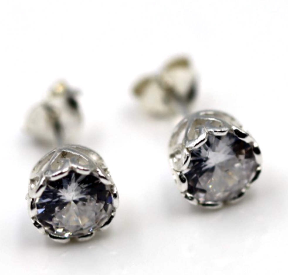 Sterling Silver 925 6mm Cubic Zirconia Filigree Bezel Stud Earrings