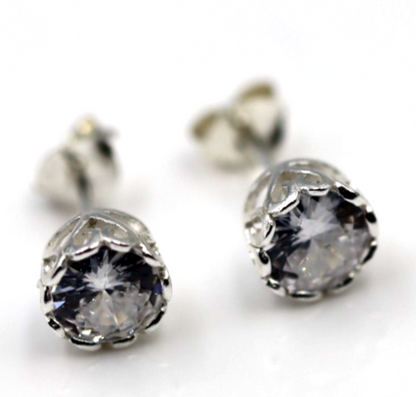 Sterling Silver 925 6mm Cubic Zirconia Filigree Bezel Stud Earrings