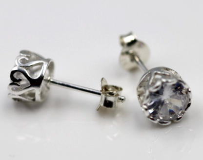 Sterling Silver 925 6mm Cubic Zirconia Filigree Bezel Stud Earrings