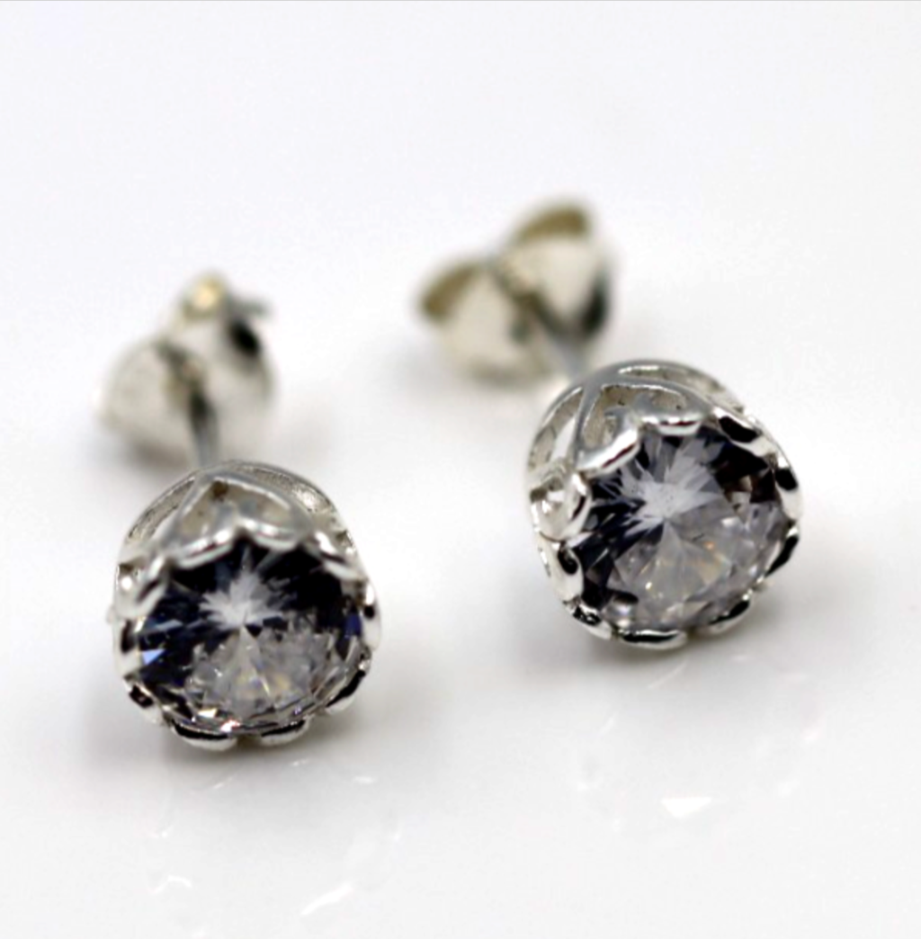 Sterling Silver 925 6mm Cubic Zirconia Filigree Bezel Stud Earrings