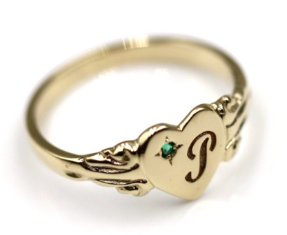 Kaedesigns Genuine 9ct Yellow, Rose or White Gold Green Emerald Heart Signet Ring + Engraving