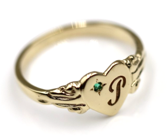 Kaedesigns Genuine 9ct Yellow, Rose or White Gold Green Emerald Heart Signet Ring + Engraving