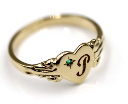 Kaedesigns Genuine 9ct Yellow, Rose or White Gold Green Emerald Heart Signet Ring + Engraving