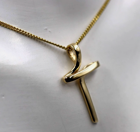 Modern 9ct 9k 375 Yellow Gold Cross Crucifix Pendant + Curb Necklace Chain
