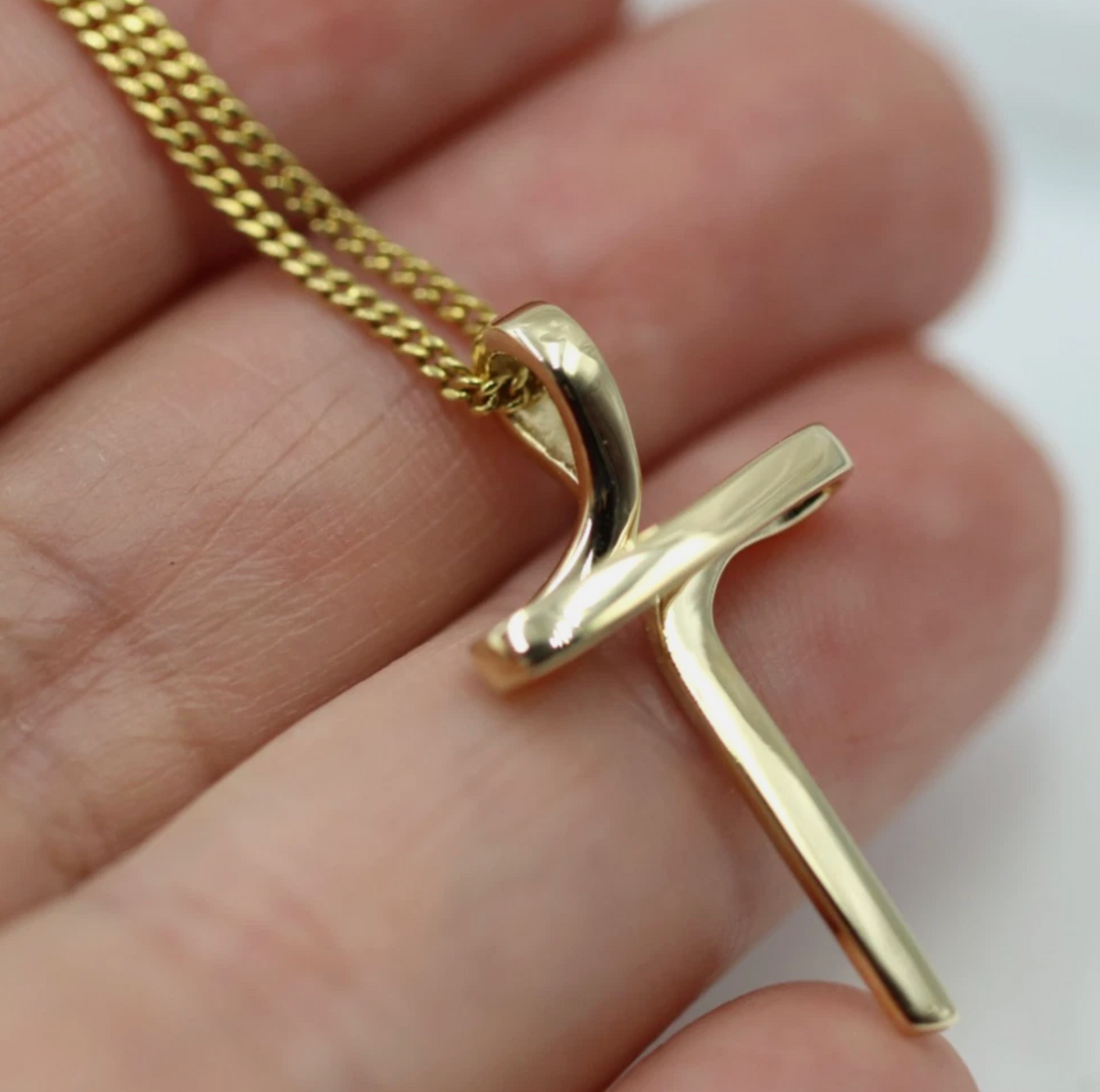 Modern 9ct 9k 375 Yellow Gold Cross Crucifix Pendant + Curb Necklace Chain