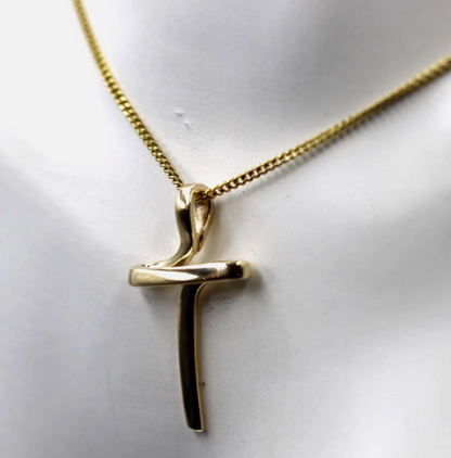 Modern 9ct 9k 375 Yellow Gold Cross Crucifix Pendant + Curb Necklace Chain