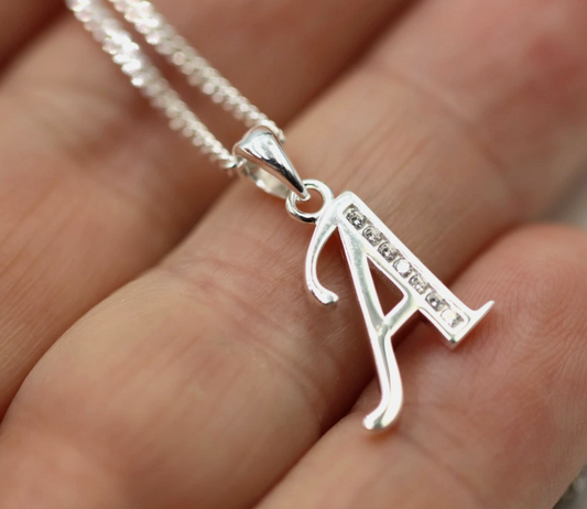 Sterling Silver 925 CZ Initial A Pendant + 50cm Curb Chain Necklace