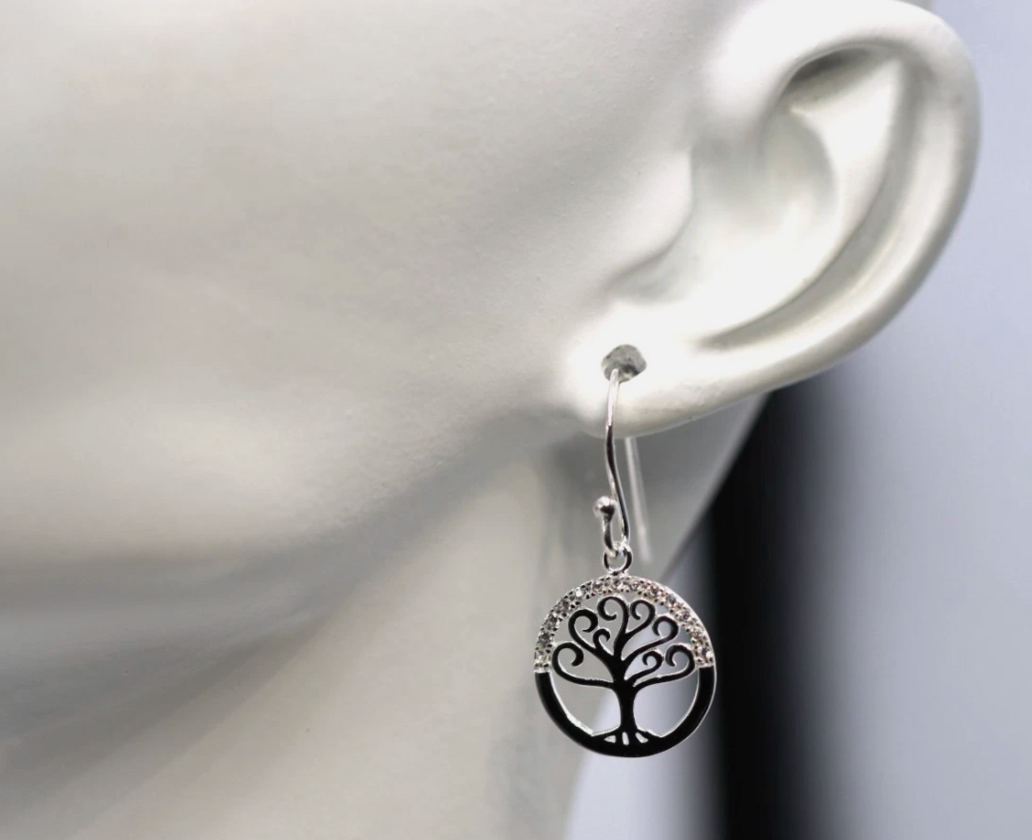 Sterling Silver 925 CZ Tree of Life Hook Drop Earrings 13mm