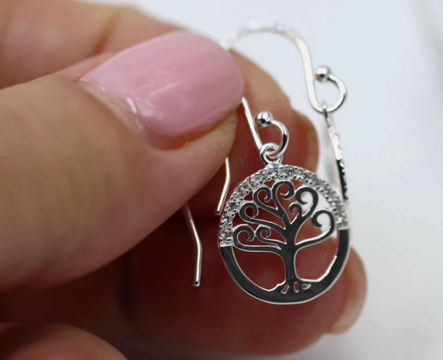 Sterling Silver 925 CZ Tree of Life Hook Drop Earrings 13mm