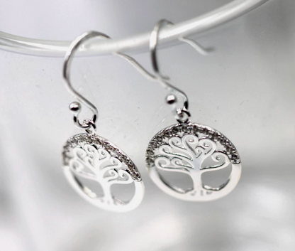 Sterling Silver 925 CZ Tree of Life Hook Drop Earrings 13mm