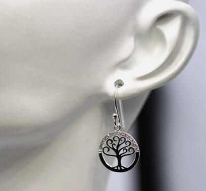 Sterling Silver 925 CZ Tree of Life Hook Drop Earrings 13mm