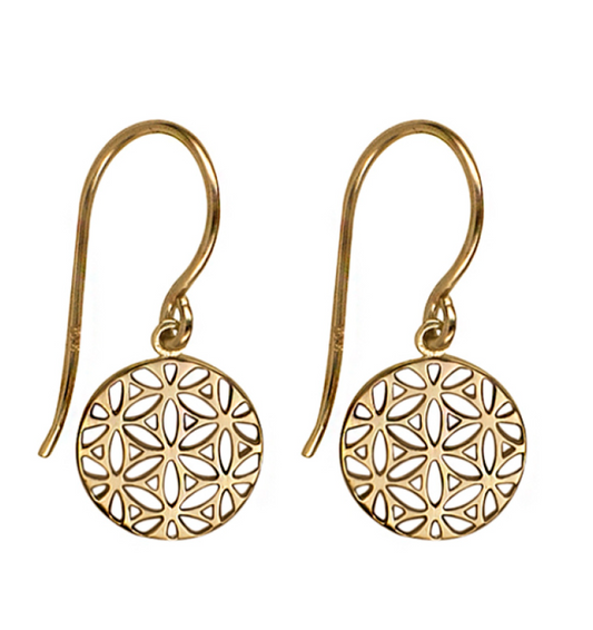 Genuine 9ct 9K 375 Solid Yellow Gold 10mm Hook ‘Flower of Life’ Earrings