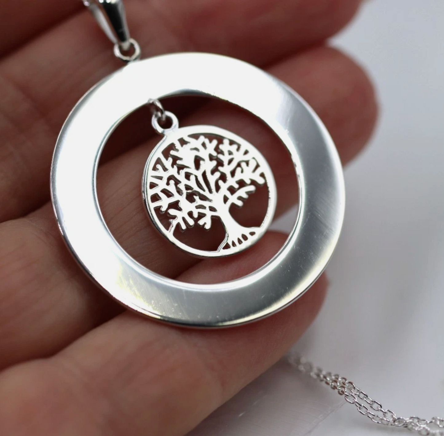 Sterling Silver Open Circle Engraving Disc Pendant + ‘Tree of Life’ + 40cm Chain