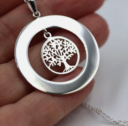 Sterling Silver Open Circle Engraving Disc Pendant + ‘Tree of Life’ + 40cm Chain