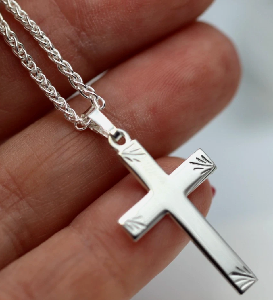 Genuine Sterling Silver 925 Fancy Cross Pendant + Spinga Chain Necklace