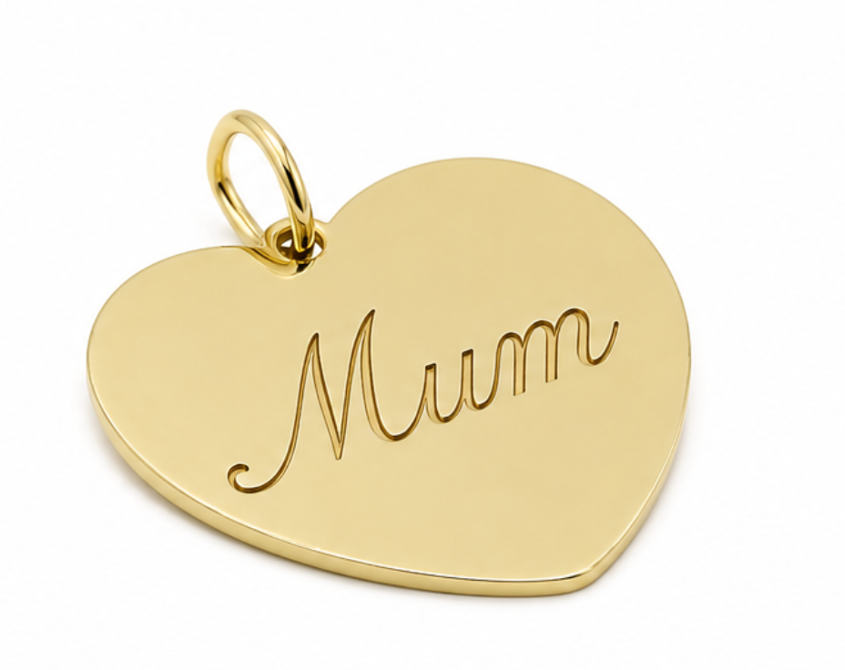 Solid Genuine 9ct Yellow, Rose or White Gold 375, Large Heart Shield Disc Pendant, Engraved with "Mum"