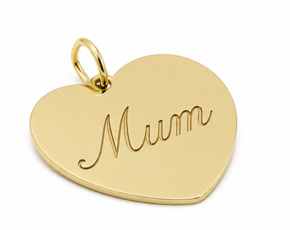 Solid Genuine 9ct Yellow, Rose or White Gold 375, Large Heart Shield Disc Pendant, Engraved with "Mum"