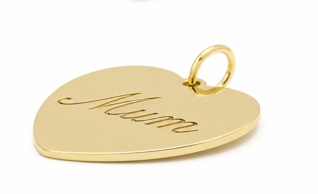 Solid Genuine 9ct Yellow, Rose or White Gold 375, Large Heart Shield Disc Pendant, Engraved with "Mum"
