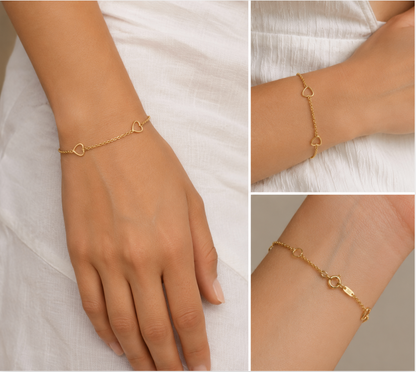 Genuine 9ct Yellow Gold Cut-Out Hearts Cable Bracelet – 16cm + 2cm Extender