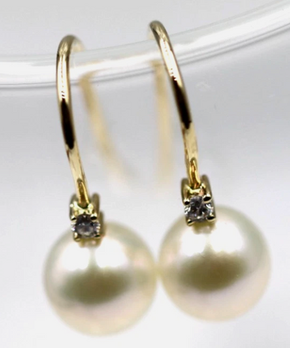 Genuine 9ct 9k 375 Yellow Gold Diamond Set Cultured Pearl Ball Drop Earrings