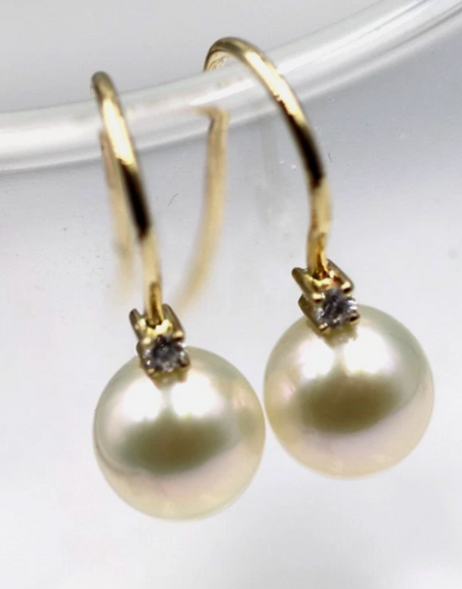 Genuine 9ct 9k 375 Yellow Gold Diamond Set Cultured Pearl Ball Drop Earrings