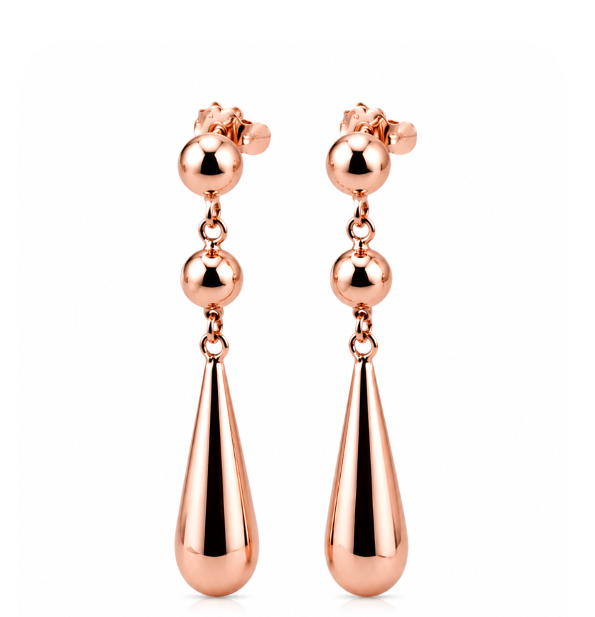 Genuine 9ct 9k 375 Yellow, Rose or White Gold Teardrop Tear Drop Double Ball Stud Earrings