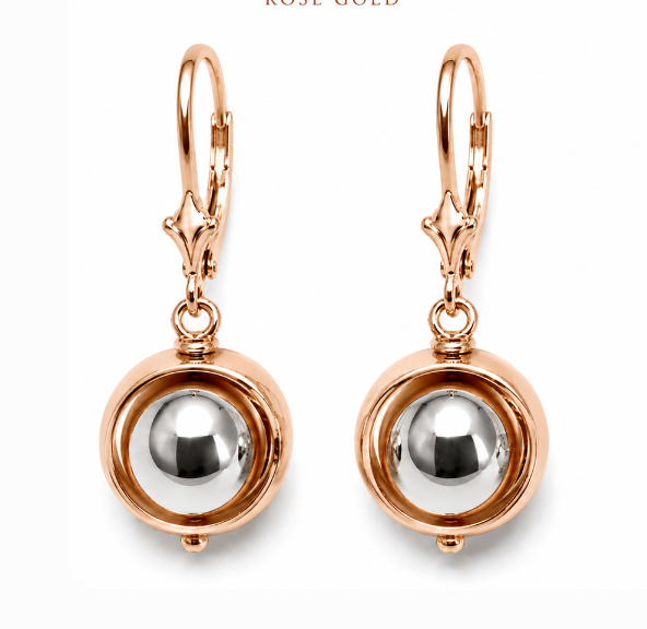 Genuine 9k 9ct 375 White & Rose Gold Spinning Belcher Ball Continental Hooks Drop Earrings