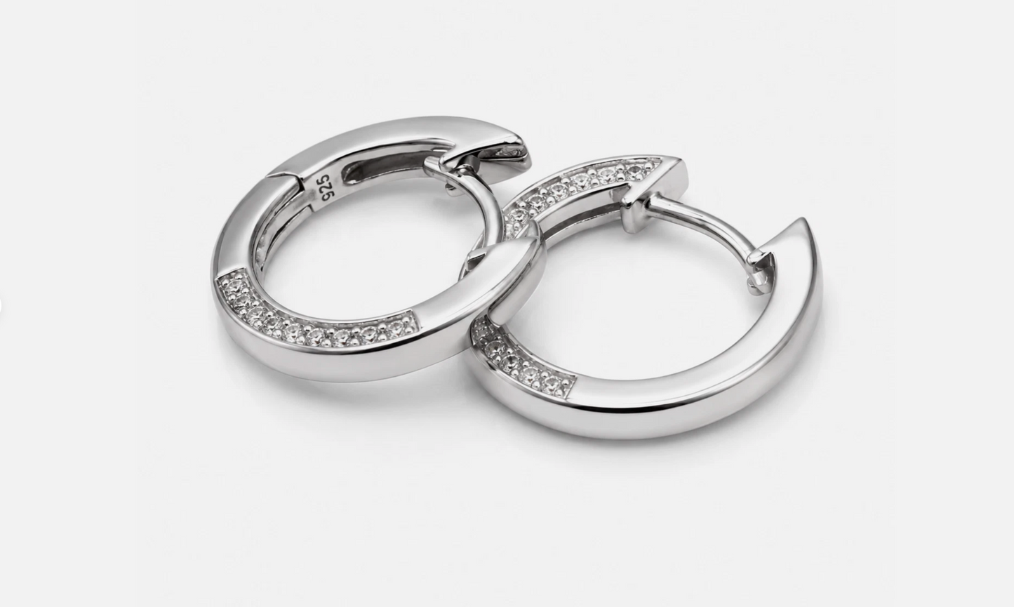 Sterling Silver Huggies White CZ on Outside Opposing Edge Earrings