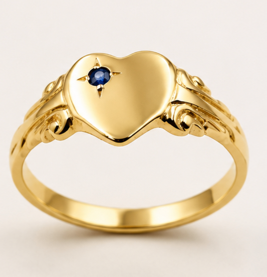 Genuine 9ct 9k 375 Yellow, Rose or White Gold Blue Sapphire Heart Signet Ring