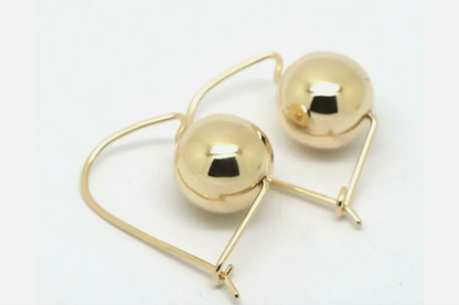 Genuine 9ct Yellow, Rose or White Gold 14mm Euro Ball Plain Drop Large Earrings 1mm size hooks