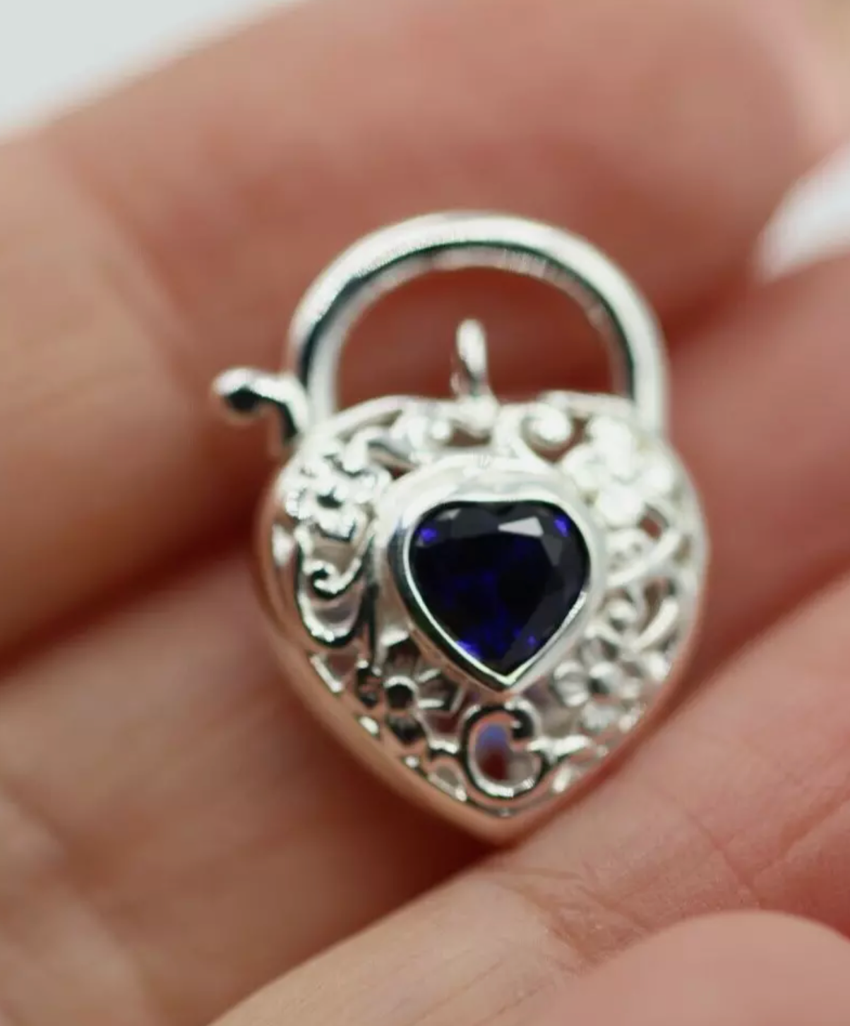 Sterling Silver 925 Filigree Sapphire Cubic Zirconia Heart Padlock Pendant 15mm