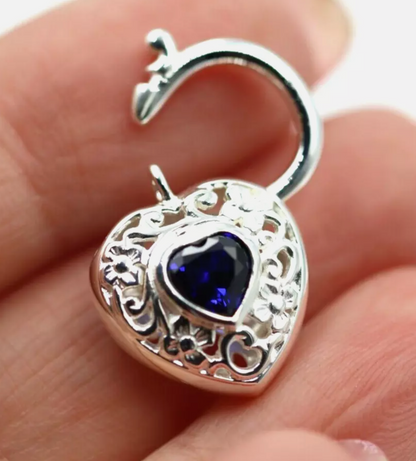 Sterling Silver 925 Filigree Sapphire Cubic Zirconia Heart Padlock Pendant 15mm