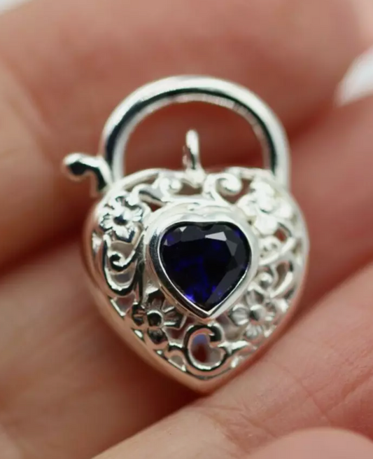 Sterling Silver 925 Filigree Sapphire Cubic Zirconia Heart Padlock Pendant 15mm