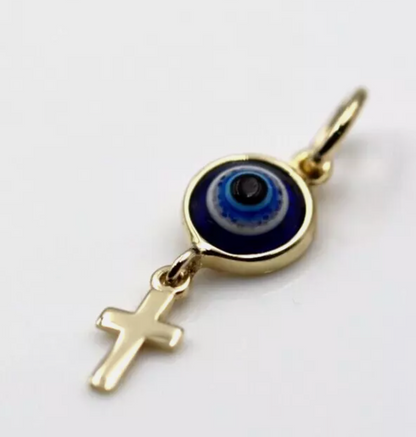 Genuine 9ct Yellow, Rose or White Gold Greek Mati Nazar Lucky 7mm Evil Eye + Cross Charm or Pendant