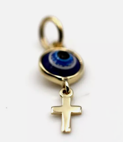 Genuine 9ct Yellow, Rose or White Gold Greek Mati Nazar Lucky 7mm Evil Eye + Cross Charm or Pendant