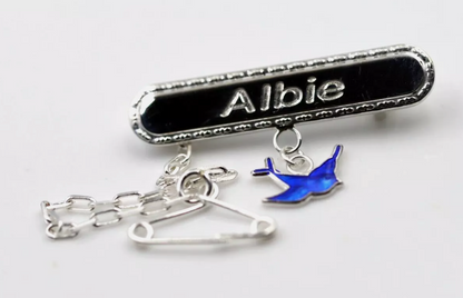 Sterling Silver 925 Enamel Bluebird ID Name Baby Brooch, Free Laser Engraving