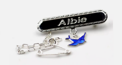 Sterling Silver 925 Enamel Bluebird ID Name Baby Brooch, Free Laser Engraving