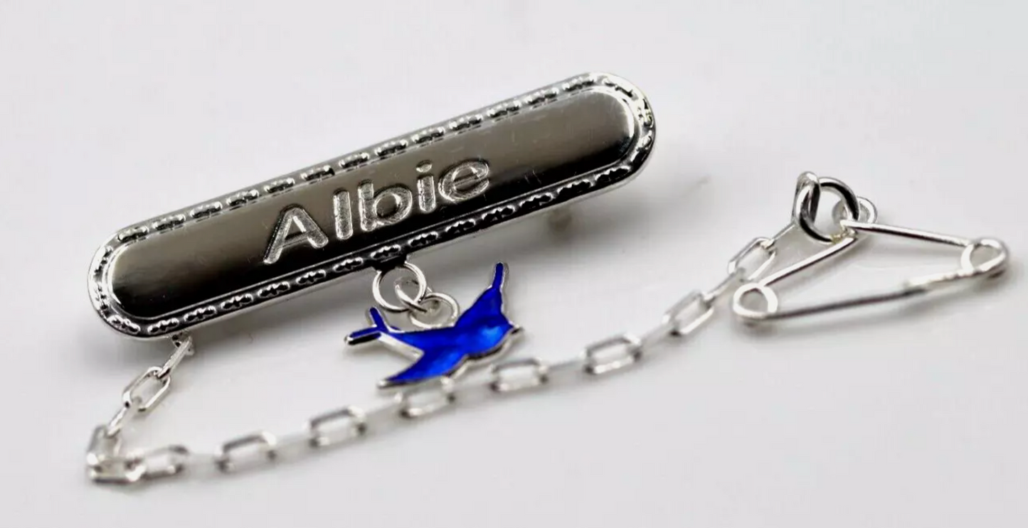 Sterling Silver 925 Enamel Bluebird ID Name Baby Brooch, Free Laser Engraving