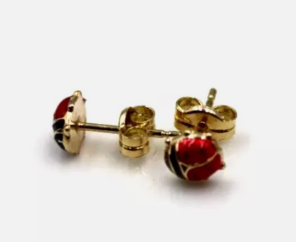 Genuine 9ct Yellow Gold Small Enamel Lady Bird Studs Earrings
