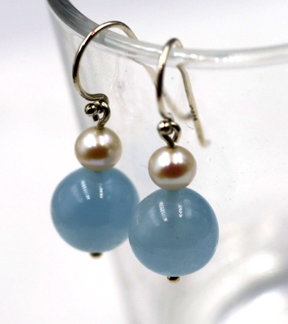 Sterling Silver 925 Freshwater Cultured Pearl & Natural Aquamarine Hook Earrings