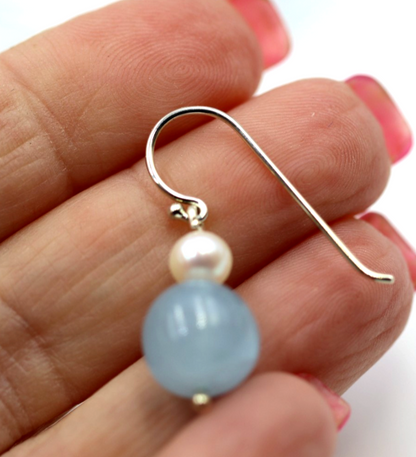 Sterling Silver 925 Freshwater Cultured Pearl & Natural Aquamarine Hook Earrings