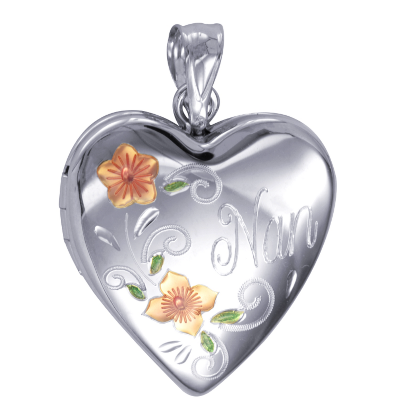 Genuine Sterling Silver Gold Plated or Sterling Silver 20mm ‘Nan’ Heart Locket with Enamel Flower Design Pendant PLUS Necklace