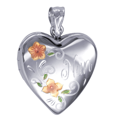 Genuine Sterling Silver Gold Plated or Sterling Silver 20mm ‘Nan’ Heart Locket with Enamel Flower Design Pendant PLUS Necklace