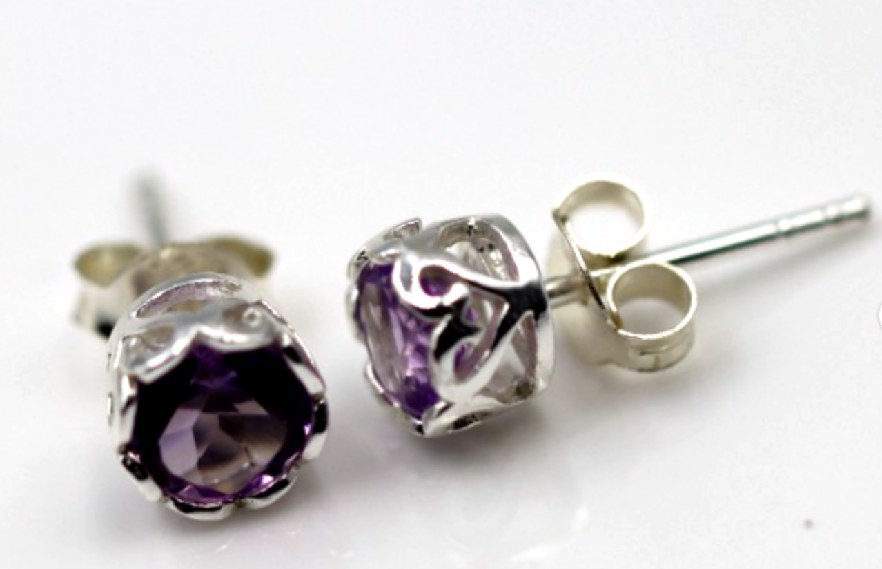 Genuine Sterling Silver 925 5mm Amethyst Bezel Stud Earrings