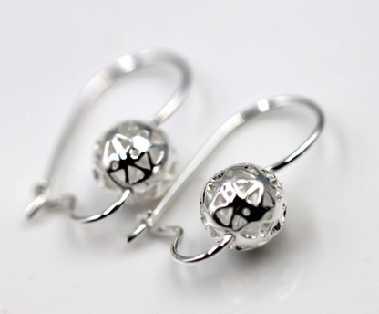 Genuine Sterling Silver 925 8mm Filigree Euro Ball Earrings