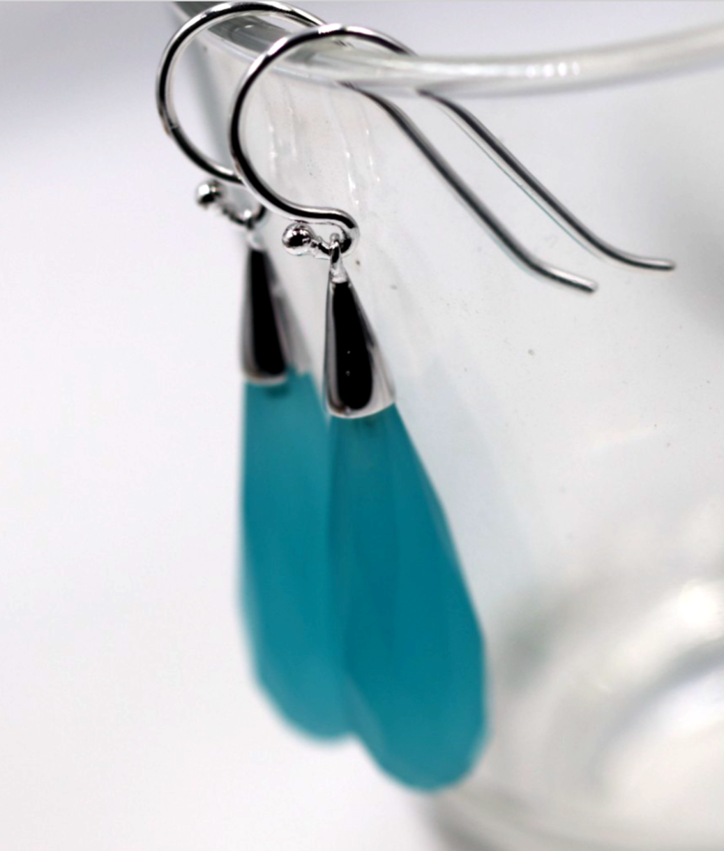 Sterling Silver 925 Briolette Blue Turquoise Obsidian Teardrop Earrings