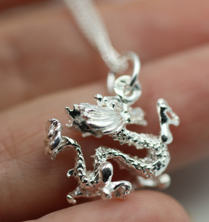 Genuine Sterling Silver 925 Large Chinese Dragon Pendant + Necklace