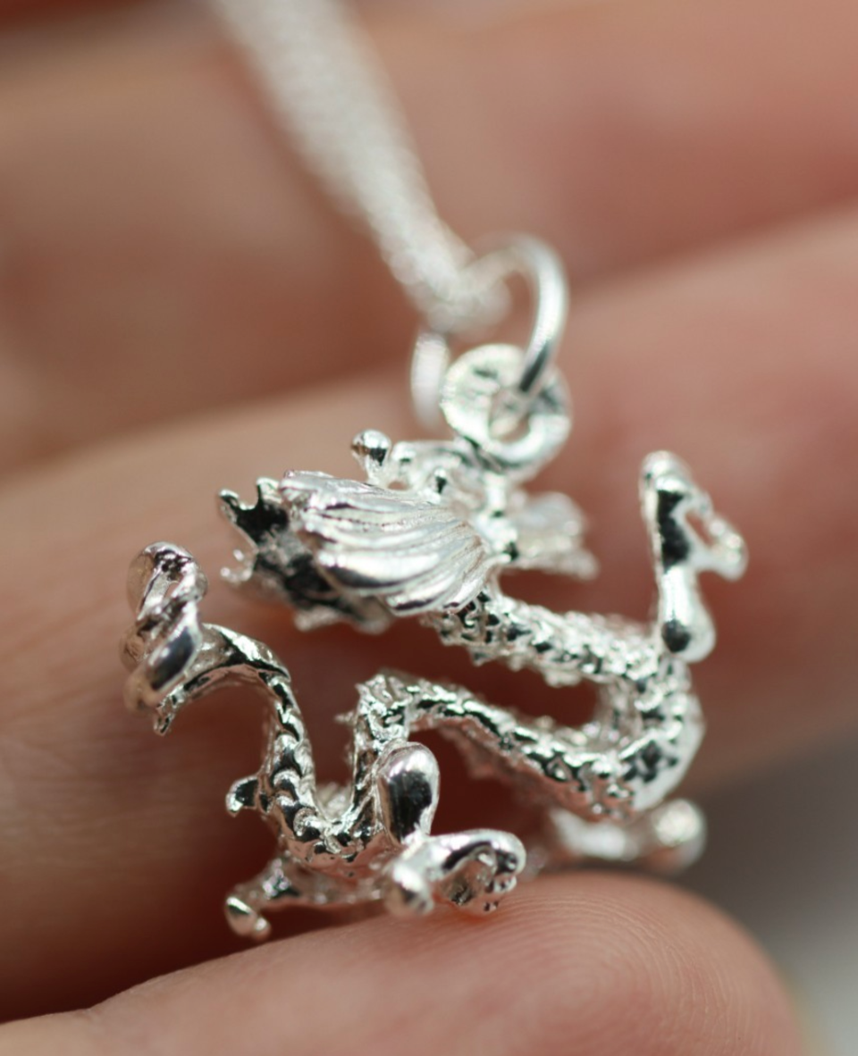 Genuine Sterling Silver 925 Large Chinese Dragon Pendant + Necklace