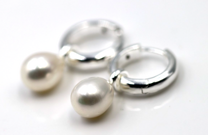 Sterling Silver 925 Oval Freshwater Cultured Pearl Huggies Earrings