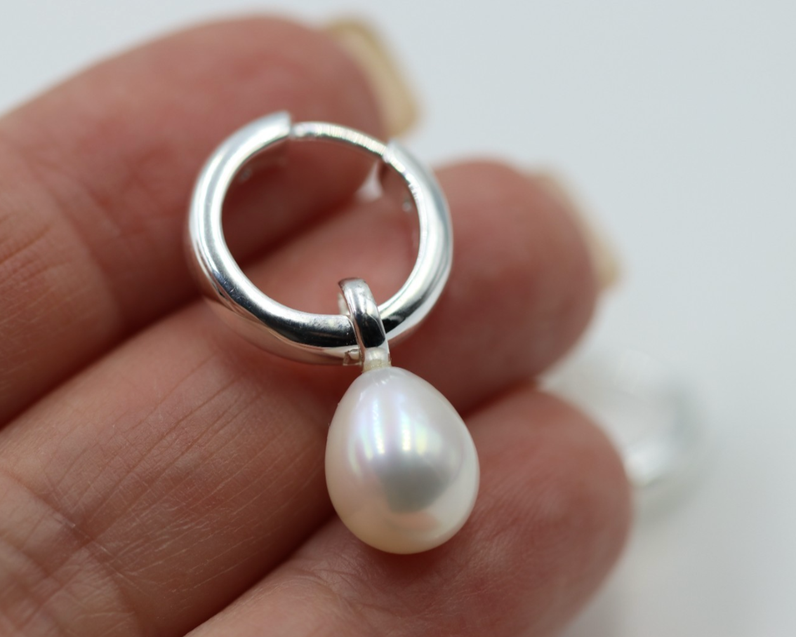 Sterling Silver 925 Oval Freshwater Cultured Pearl Huggies Earrings